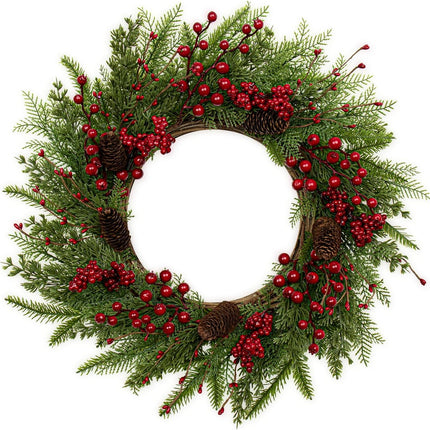 Artificial Christmas Wreath 22 Inch Christmas Wreaths for Front Door Winter Wreath with Red Berries Pine Cones Needles for Indoor Outdoor Xmas Winter Holidays