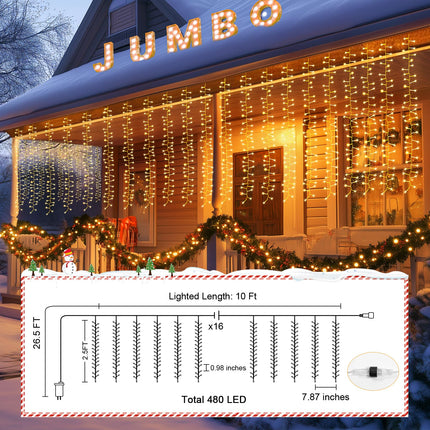 Brightown Cluster Icicle Lights Outdoor, 10FT2.5FT 480 LED Curtain Lights with 12 Mode, Icicle String Lights with Timer, Waterproof Firecracker Christmas Lights Outdoor for Bedroom Indoor, Warm White