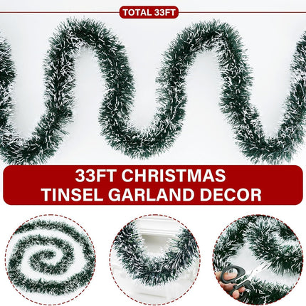 33FT Green Tinsel Christmas Garland Metallic Twist Shiny Garland for Christmas Tree Decorations, Xmas Holiday Hanging Garland for Home Indoor Outdoor Party Supplies Decor (Green, White)