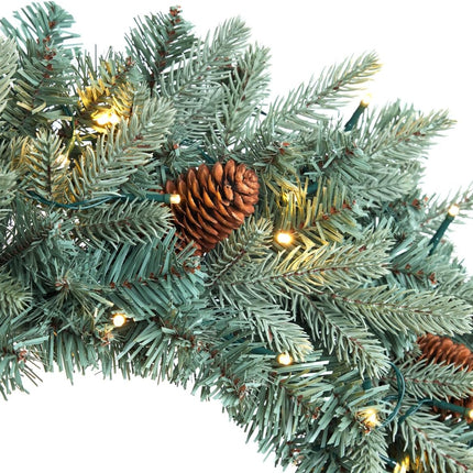 Somikis 24 Inch Christmas Wreaths for Front Door, Pre-Lit Realistic Blue Arctic Spruce Xmas Wreath with LED Lights & Pinecones, for Indoor&Outdoor Porch Windows Wall