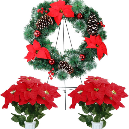 Dingion 4 Pcs 24" Christmas Cemetery Wreath with Easel Stand Gravestone Red Poinsettia Bouquet with Vase Christmas Artificial Memorial Gravestone Wreath Stand Headstone Wreath Outdoor Decoration