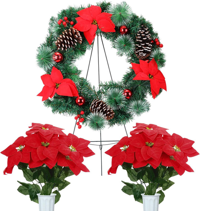 Dingion 4 Pcs 24" Christmas Cemetery Wreath with Easel Stand Gravestone Red Poinsettia Bouquet with Vase Christmas Artificial Memorial Gravestone Wreath Stand Headstone Wreath Outdoor Decoration