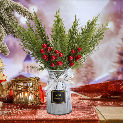 60 Pcs/Set Christmas 3D Artificial Pine Branches- 12.5 Inch Faux Evergreen Cedar Sprigs Branches- Fake Foliage Pine Needles Picks with Artificial Red Berry Stems for DIY Christmas Decoration