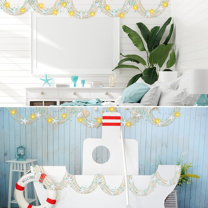 20 Feet Beach Decor Set Diamond Beaded Starfish Garland Christmas Decoration Natural Fish Net Coastal Beach Garland with White Starfish for Xmas Tree Wedding Supplies (Starfish and Light String)