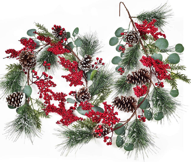 Artiflr 6Ft Berry Christmas Garland with Berries Pine Cones Spruce Eucalyptus Leaves Winter Pine Cones Garland for Holiday Season Mantel Fireplace Table Runner Centerpiece Decor