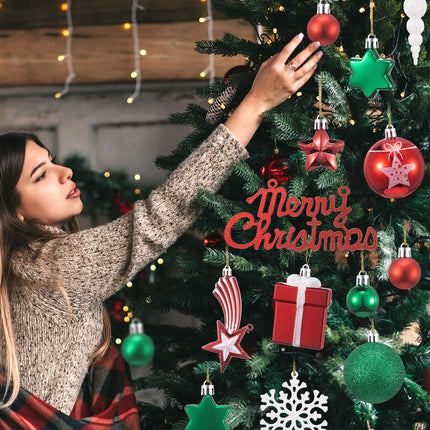 73 Pcs Christmas Tree Decorations Set Christmas Tree Pickle Ornaments Xmas Tree Topper Hanging Ball Snowflake Ornaments for Christmas Holiday Party(Stylish,Red, Green)