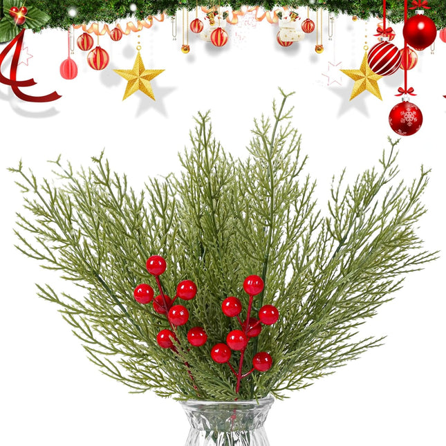 40 PCS Christmas Artificial Pine Branches with Red Berry Stems, 13.4" Christmas Faux Cedar Stems, Fake Christmas Greenery Pine Picks, Fake Foliage Pine Needles Picks for DIY Craft Garland Home Decor