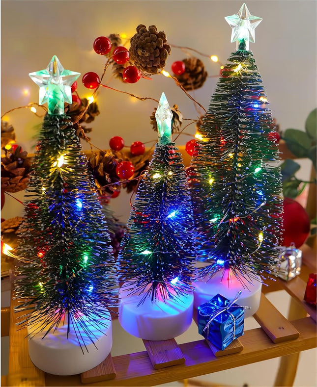 Bottle Brush Christmas Trees, Set of 3 Bottle Brush Trees with LED Lights for Christmas Decor, Mini Christmas Tree for Tabletop,Christmas Decorations Indoor,Green Frosted Sisal Trees Xmas Decor