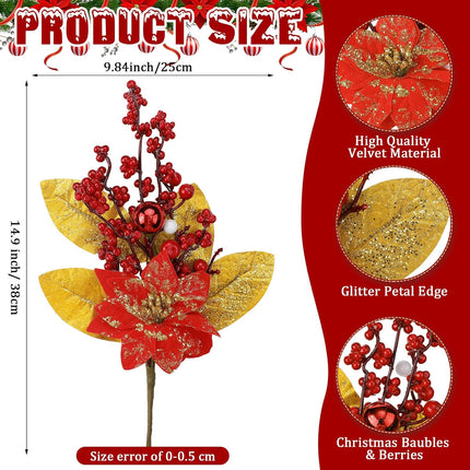 4 Pcs Christmas Poinsettia Picks Christmas Magnolia Flowers Artificial Glitter Christmas Flowers with Christmas Balls Red Berries Gold Leaves for Xmas Tree Wreath Vase Floral Arrangement