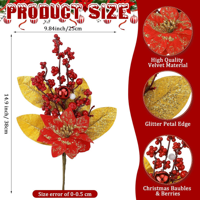 4 Pcs Christmas Poinsettia Picks Christmas Magnolia Flowers Artificial Glitter Christmas Flowers with Christmas Balls Red Berries Gold Leaves for Xmas Tree Wreath Vase Floral Arrangement