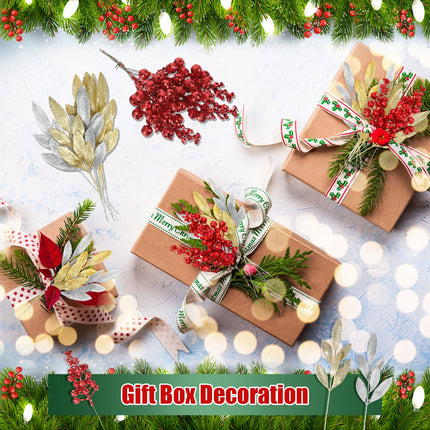 XunYee 40 Pcs 14" Xmas Artificial Glitter Leave Picks 20 Pcs 7.9" Artificial Red Berry Stems Fake Glitter Leaf Spray Faux Red Berry Picks Silver and Gold Floral Accents Christmas Glitter Berries Stems