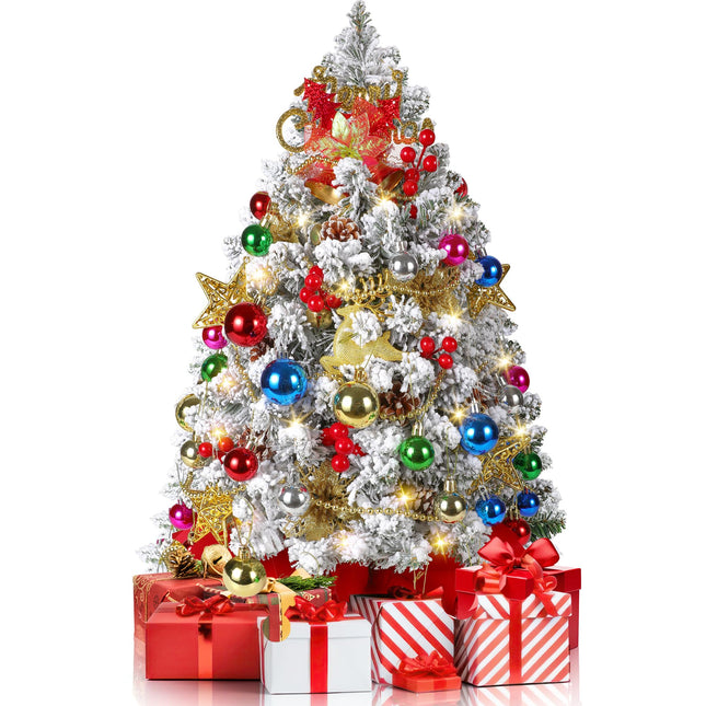 2FT Mini Christmas Tree, Snow Flocked Artificial Christmas Tree, 100 Lifelike Branches, 60 LED Lights, 58 Ornaments, 24 Inches Tabletop Prelit Small Christmas Tree for Holiday Indoor DIY Decor