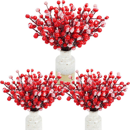 24 PCS Artificial Holly Berry Stems, 21cm Frosted Red Beery Stems Picks for Christmas Tree DIY Supplies Flower Wreath Craft Xmas Garland Home Table Centerpiece Decoration