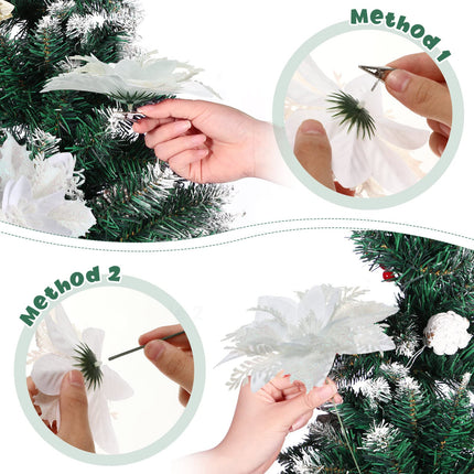 Kisangel 12pcs Christmas Artificial Flowers Glitter Poinsettia Flowers Christmas Flowers with Clips and Stems for Xmas Wreath Home Ornaments, White