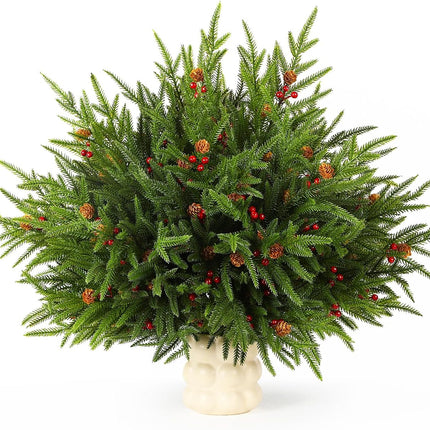 12PCS 17" Artificial Norfolk Pine Branches Christmas Decorations, Fake Cedar Stems with Pine Needle&Cone&Berry for Xmas Decor, Faux Pine Pick Green Plants Ornaments for Home/Holiday/Party