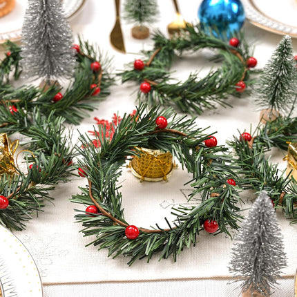 Dolicer 12 PCS Christmas Candle Rings Wreath, 3 Inch Mini Christmas Wreath with Red Berry Pillar Candle Holder Rings Wreaths Pine Needles Candle Rings for Rustic Wedding Festival Table Decoration