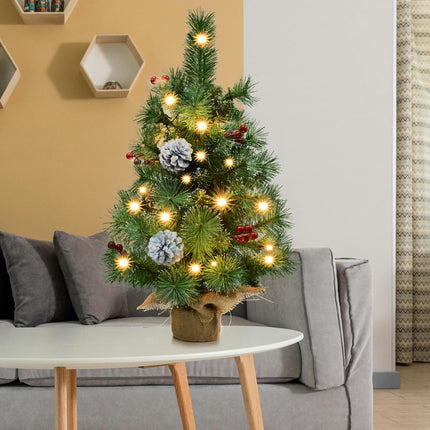 Pre-lit Mini Christmas Trees, Little Christmas Tree with Flocked Pine Needles, Pine Cones, Berries Christmas Decoration, 2 ft Burlap Base Small Trees with 25 Led Lights for Table Top Xmas Decoration