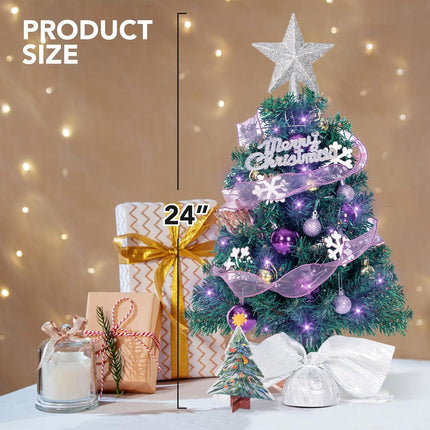 NALONE Mini Christmas Tree with Lights and Timer, 24 Inch Snow Flocked Small Christmas Tree with 28 Pcs Ornaments, 90 Branch Tips Tabletop Christmas Tree for Holiday Decoration (Purple)