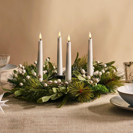 LampLust Advent Wreath Candle Holder, 14 Inch Advent Candle Wreath, Pine Candle Ring with White Berries and Black Candle Holders, Traditional Catholic Advent Wreath Christmas Decoration Set