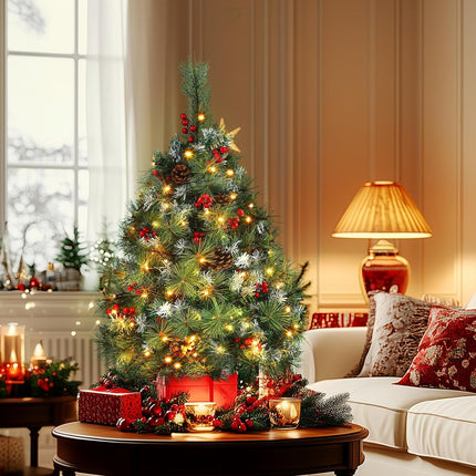 3FT Christmas Tree - Flocked Xmas Tree with 70 LED Lights & 8 Modes, Lifelike Pine Branches, Decorated with 10 Red Berries & 10 Pine Cones, Small Tabletop Christmas Tree for Home Apartment Office Dorm