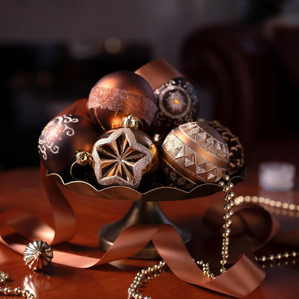 Valery Madelyn Ornaments for Christmas Tree Decorations, 16ct Bronze Copper and Gold Shatterproof Fall Christmas Tree Ornaments Set, 3.15 Inches Luxury Brown Hanging Ball Decor Bulk for Xmas