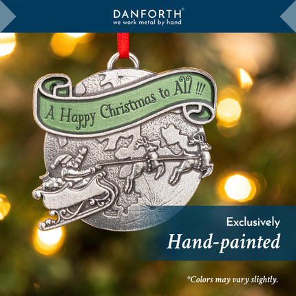 DANFORTH - ‘A Happy Christmas’ Ornament Detailed Pewter with Green Sash, Hanging Christmas Tree Decoration, Santa’s Reindeer Collectors , Made in USA, Measures 2” Tall by 2 ¼” Wide