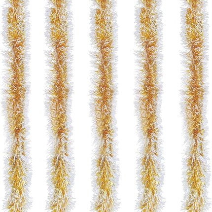 TURNMEON 5 Pack Total 33 Feet Tinsel Christmas Garland Decoration Metallic Streamers Xmas Tree Decor Holiday Xmas Party Supplies Indoor Outdoor Home Decor, Each 6.6Ft by 4Inch (Gold)