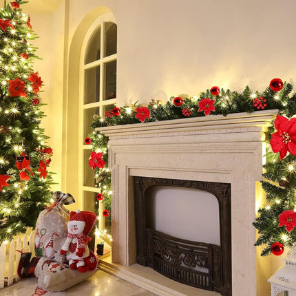 9Ft Pre-Lit Christmas Garland Artificial Indoor Outdoor Decoration, Christmas Garland with Flower Snowy Pine, Garland with Battery Operated for Xmas Mantle,Stairs, Fireplaces, Walls Decor