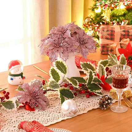 Waipfaru 24 Pcs Christmas Tree Decorations, Rose Gold Poinsettias Artificial Christmas Flowers, Pink Glitter Christmas Ornaments Picks for Christmas Tree Xmas Winter Wreath Garland Decor