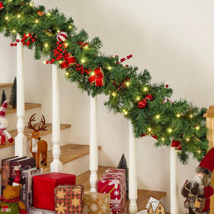 Dolicer 9 FT Artificial Christmas Garland, Christmas Garland with 50 LED Lights, Garlands for Decoration Christmas with Red Berries Christmas Balls Bowknots for Xmas Mantle Table Indoor Outdoor Decor