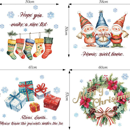 Christmas Gnome Wall Decals Peel and Stick, Boxes Stockings Wreaths Wall Stickers, Christmas Wall Decor Art for Kids Bedroom Living Room Party Door Window Shop Decoration
