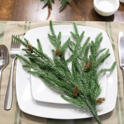 Artificial Christmas Norfolk Pine Stems Branches for Vases,12 Bundles Fake Faux Evergreen Green Real Feel Touch Stem Greenery with Pine Cones for Xmas Holiday Winter Table Indoor Decoration