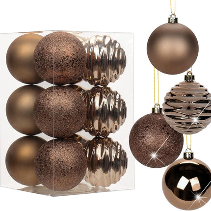 3.15" Christmas Ball Ornaments Brown 12 Pcs Shatterproof Christmas Tree Decorations Xmas Tree Medium Christmas Ornaments Balls with Hanging Loop for Halloween Wedding Holiday Party Wreath Home Decor
