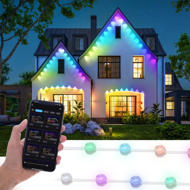 100FT Permanent RGB Outdoor Lights, 72 LED Outdoor String Lights, IP67 Waterproof LED Eaves Lights with Smart Control, for Christmas and All Holidays