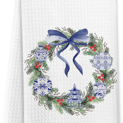 Blue Porcelain Chinoiserie Christmas Wreath Kitchen Towels, Coquette Blue Bow Christmas Hand Towels for Bathroom, Christmas Dish Tea Towels, Christmas Kitchen Bathroom Decor 16x24 Inches