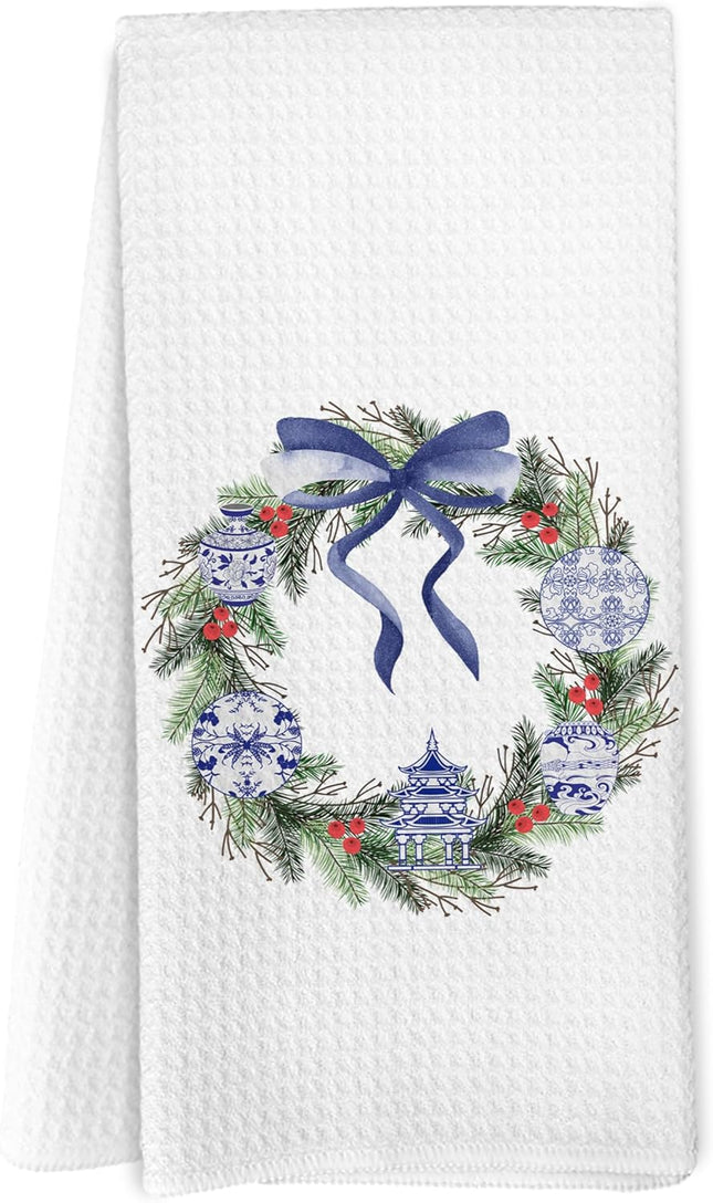 Blue Porcelain Chinoiserie Christmas Wreath Kitchen Towels, Coquette Blue Bow Christmas Hand Towels for Bathroom, Christmas Dish Tea Towels, Christmas Kitchen Bathroom Decor 16x24 Inches