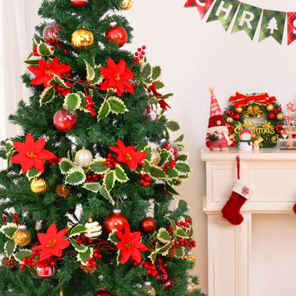 BLEUM CADE Christmas Decorations Garland - 6.3Ft Artificial Christmas Garland for Mantle, Holly Red Berry Garland with Poinsettia and Pine Cones for Xmas Tree Fireplace Indoor Outdoor Home Decor