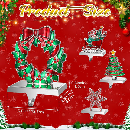 Zhengmy 4 Pcs Christmas Stocking Holders for Mantel Reindeer Snowflake Snowman Pine Xmas Tree Stocking Hangers Metal Stocking Mantel Holders Christmas Decoration for Xmas Fireplace (Wreath)