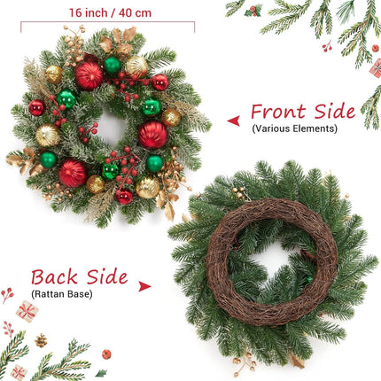 Adeeing 16" Christmas Wreath for Front Door, Lighted Christmas Wreath with 30 LED Lights Timer Red Green Gold Xmas Balls, Battery Operated Snow Flocked Winter Wreath for Fireplace Window Outdoor Decor