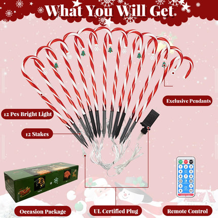 12PCS Christmas Candy Canes Light - Electric Plug Operated Christmas Lights with Christmas Tree & Snowflake - 8 Modes Christmas Decorations Outdoor for Night Garden Yard Ground Pathway