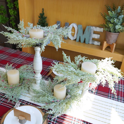 Winlyn 4 Pcs Artificial Snowy Cedar Pine Candle Rings Evergreen Pine with Red Pip Berries and Pinecones Wreaths Farmhouse Christmas Candle Holder Rings 15" Wide for Winter Holiday Mantel Door Cabinet