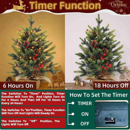 Tabletop Small Christmas Tree, 24 Inch/2FT Realistic-Feel PE Artificial Mini Christmas Tree with 30 Lights Timer Battery Operated 56 Norfolk Pine Tips 8 Pinecone 8 Red Berry Burlap Base Xmas Decor