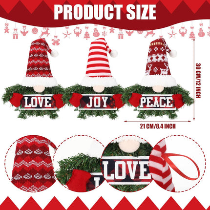 3 Pieces Christmas Wreath for Front Door Artificial Pine Spruce Hanging Gnome Wreath Christmas Peace Love Joy Wreath for Door Window Wall Decorations Farmhouse Christmas Home Decor