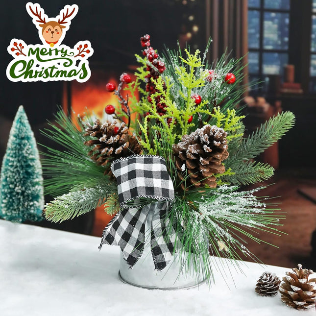 Small Christmas Tree Artificial Potted with Pinecones Berries Christmas Centerpiece Table Decorations, Christmas Flower Arrangements for Indoor Home Fireplace Mantel Xmas Decor
