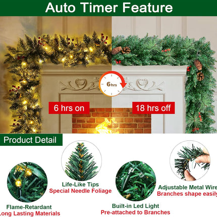 9FT Prelit Christmas Garland with 100 Lights Christmas Decorations Outdoor Lighted Christmas Garland for Mantle Stairs Railing Tree, Pre-Lit Christmas Garland Battery Operated Xmas Garland Fireplace