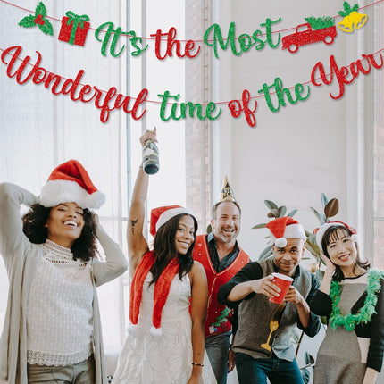 Red Green Glitter It's The Most Wonderful Time of The Year Banner with Holly Berry Xmas Tree Bells Christmas Holiday Party Banner Merry Christmas Holly Jolly Winter Party Mantle Decorations