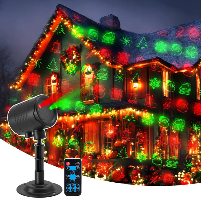 Christmas Laser Projector Lights, 10 Patterns Moving Red Green Outdoor Garden Waterproof Decorative Starry Lights Projector with RF Remote for Holiday Party Indoor Decoration Home Decor