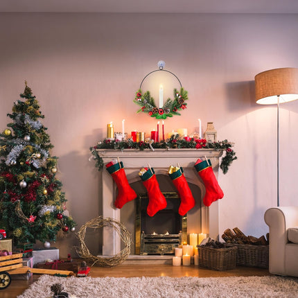 2Pack Christmas Wreaths for Front Door with Timer & Flickering LED Taper Candles & Remote, 16'' Windows Wreaths, Fireplace Christmas Decorations