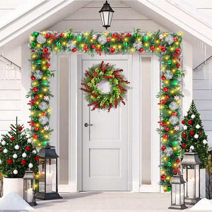 Beinhome Christmas Garland with Lights, 9 FT Pre-Lit Christmas Garland with Red Green Glitter Matte Ball Decorations for Home Front Door Stairs Table Centerpiece Fireplace Xmas Holiday Festival Decor