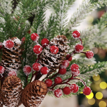 SHACOS 6pcs 16" Pine Stems Christmas Flocked Pine Branches Red Berries Pine Cone Artifical Pine Branches Snow Frosted Large Greenery Stems for Vases Xmas s Christmas Decoration Holiday Home Decor